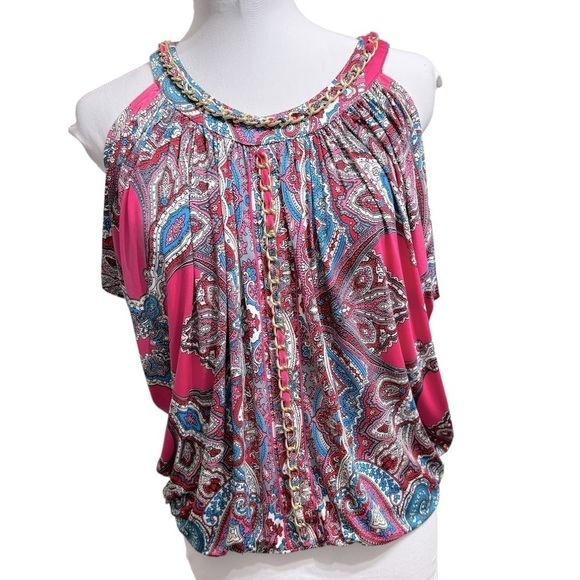 Cache Pink Chain Link Embellished Blouse Top Paisley Women's Sz S - Picture 1 of 7